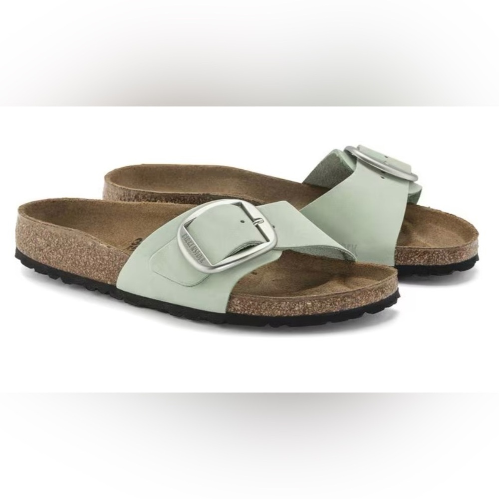 Birkenstock Matcha-Coloured Sandals with Wide Straps and Cork Footbed